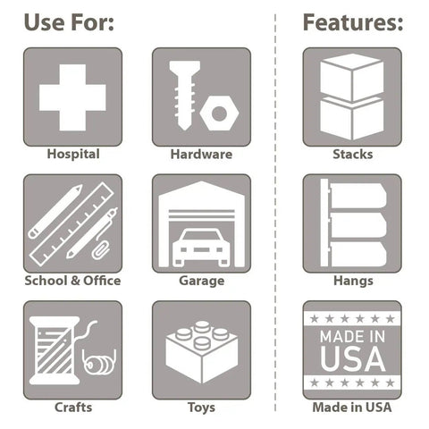 Illustration showing uses for heavy duty plastic storage bins in hospital, hardware, school, garage, crafts, toys and features like stacking, hanging, Made in USA.