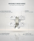 Low Profile Flush Mount Cross Hinge For No Fuss Doors And Folding Tables, Stainless steel, compact size, concealed design