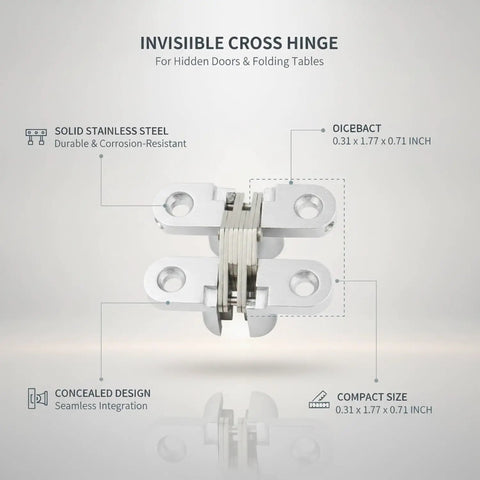 Low Profile Flush Mount Cross Hinge For No Fuss Doors And Folding Tables, Stainless steel, compact size, concealed design