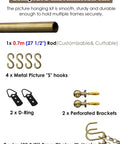 Picture Rail Hanging System Brass Kit For Gallery Art Display With Heavy Duty Wall Hardware For Paintings Photos Canvas includes 0.7m rod