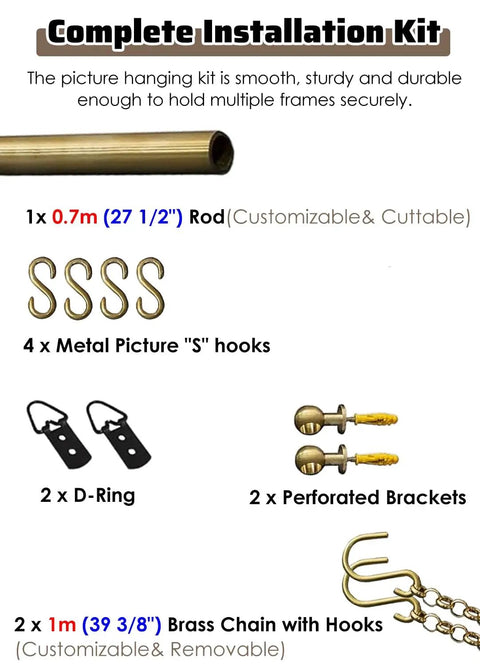 Picture Rail Hanging System Brass Kit For Gallery Art Display With Heavy Duty Wall Hardware For Paintings Photos Canvas includes 0.7m rod