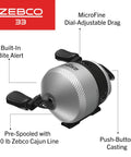 Close-up of Grab And Go Spincast Rod And Reel Combo with Size 30 Reel, showing built-in bite alert and MicroFine drag, silver and black.