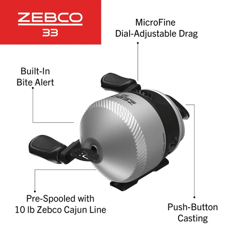 Close-up of Grab And Go Spincast Rod And Reel Combo with Size 30 Reel, showing built-in bite alert and MicroFine drag, silver and black.