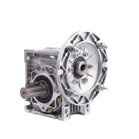 Built Tough Heavy Duty Worm Gear Reducer With A Solid Aluminum Housing For Smooth Speed Control And Rock Solid Motor Drive Adapter Performance In Any Industrial Setup, showing side view with aluminum casing and shaft.