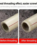Comparison of PVC pipe threading before and after using Qinalo Dual Function Pipe Threading Tool for 1/2 and 3/4 inch pipes.