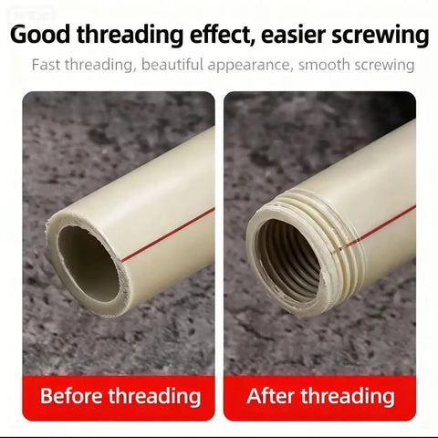 Comparison of PVC pipe threading before and after using Qinalo Dual Function Pipe Threading Tool for 1/2 and 3/4 inch pipes.