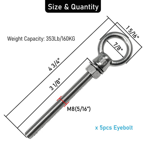 Heavy Duty Eyebolts Pack Of 5 5/16 Inch By 3-1/8 Inch Threaded Shoulder Lifting Rings With Nuts And Washers In 316 Stainless Steel Marine Grade