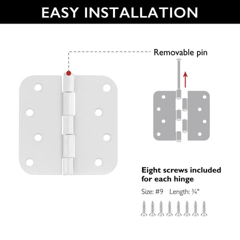Heavy Duty 4 Inch Interior Door Hinges White Steel 3 Pack showing removable pin and installation details with screws.