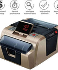 Slick Money Counter With Smart Infrared Fake Note Detection Heavy Duty Cash Counting Machine Quiet Lcd Display from an angled view.