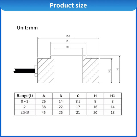 Compact Ring Load Cell Sensor For Small Space Testing Tension And Compression With 0.2 Percent Accuracy Alloy Steel Build And Cable For Precise Force Weight And Pressure Readings 0 To 200 KG product size diagram