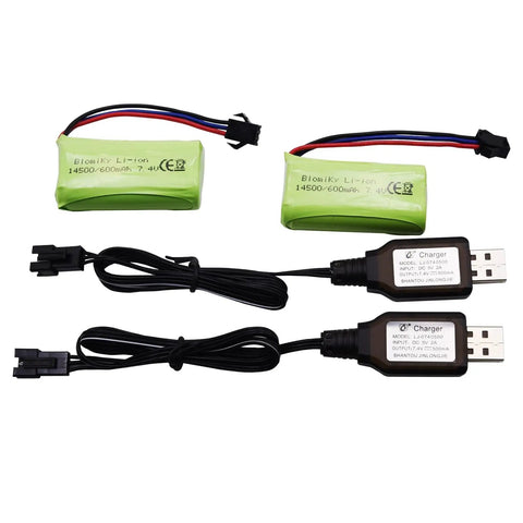 7.4V 2S 600mAh RC Battery With SM-3P Plug And Cable, 4.44Wh, 10C Discharge LiPo Pack with USB charger cables displayed