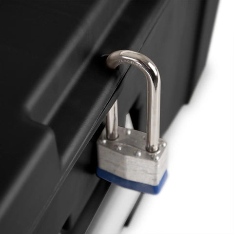 Secure latching lid with padlock on Flex Your Storage Game With Heavy Duty Plastic Footlocker Rolling Bin With Wheels And Handle, Stackable Tote Featuring Secure Latching Lid For Basements Dorms And Shared Spaces, Smooth Operator Hauler Chest In Black.