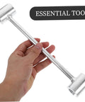 Hand holding Adjustable Door Hinge Repair Tool Set Two Piece for Pro Grade Precision Hinge Adjustment and Gap Alignment.