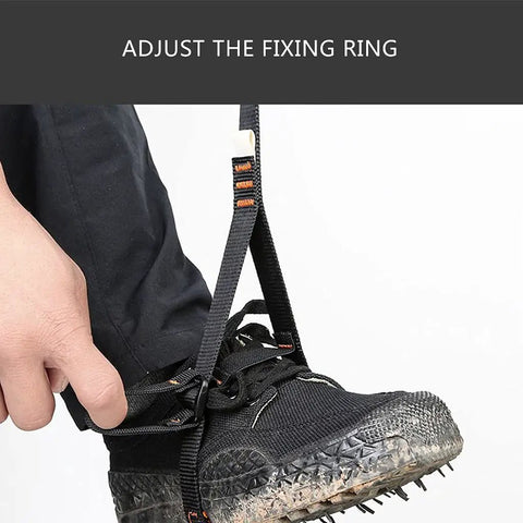 Adjustable Climbing Lanyard With Ascender And Foot Pedal Belt for Hanging Stands, rugged outdoor gear shown on boot.