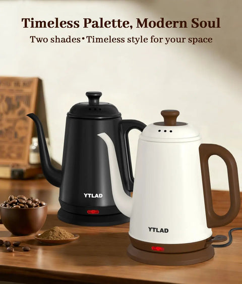 Gooseneck Electric Kettle For Pour Over Coffee And Tea, 1L Capacity, 1000W Fast Boil, 304 Stainless Steel BPA Free, Retro White Design