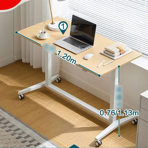 Electric Sit Stand Desk Offering Smooth Height Adjustment, Mobile Rolling Computer Workstation For Home Office, ergonomic wooden top with measurements.