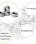 20 Pack 5/16-18 Hex Nuts Made From Workhorse Grade 304 Stainless Steel For No Sweat Tightening And Heavy Duty Fastening Jobs Featuring Standard Right Hand Threads Built To Handle Heavy Loads Easy, showing UNC thread cut.