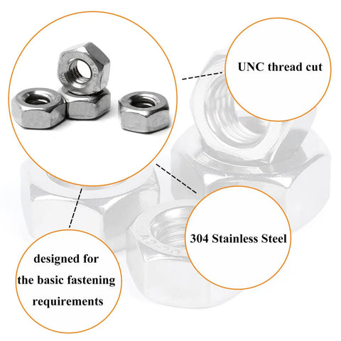 20 Pack 5/16-18 Hex Nuts Made From Workhorse Grade 304 Stainless Steel For No Sweat Tightening And Heavy Duty Fastening Jobs Featuring Standard Right Hand Threads Built To Handle Heavy Loads Easy, showing UNC thread cut.