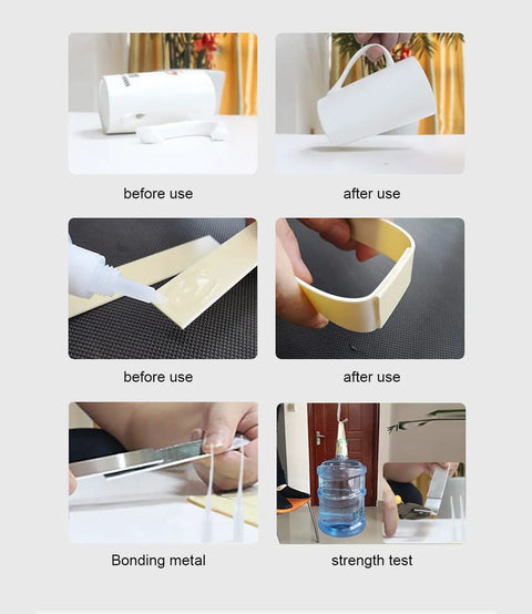 All Purpose Furniture Glue For Wood Metal Plastic Stone And Ceramic Repairs clear bond before and after usage on various materials
