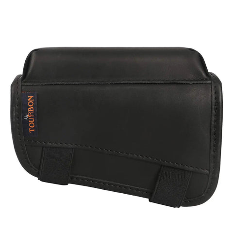 Genuine Leather Buttstock Cheek Rest with Rifle Shell Holder for up to 8 Shells, black leather with adjustable elastic straps.