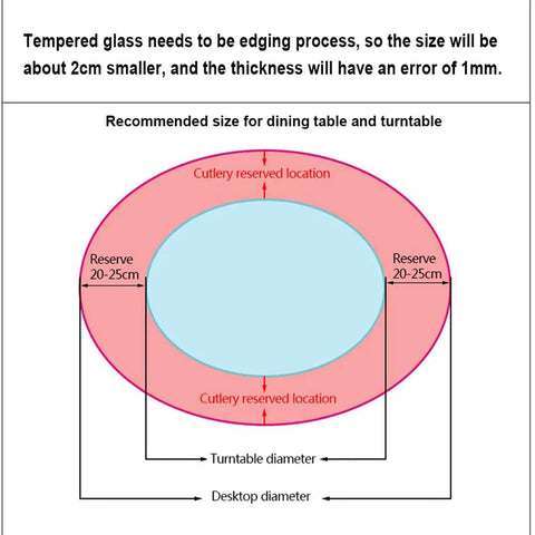 Diagram showing dimensions and reserve space of Tempered Glass Lazy Susan Turntable for Dining Table, 39.4 Inch