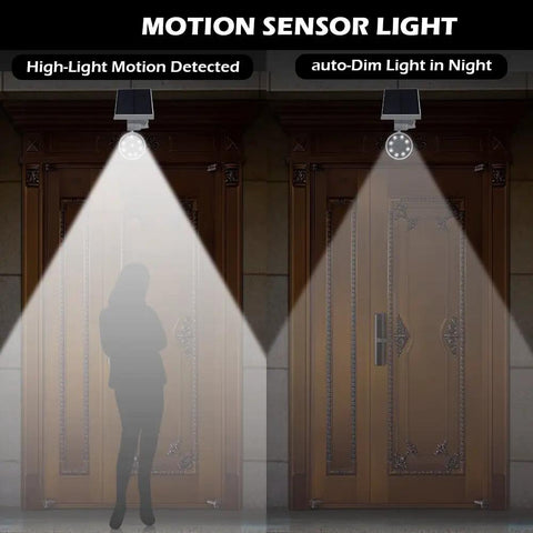 Solar Motion Sensor Flood Lights Outdoor 1400-Lumen illuminating a dark entryway with motion detection