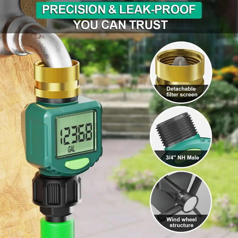 Water Flow Meter With 180 Degree Flip Screen For Outdoor Garden Hose RV And Irrigation, Brass Inlet, close-up view