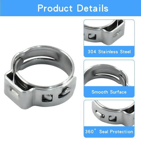 Close-up of 304 stainless steel single ear hose clamp with smooth surface and 360-degree seal, part of 50 Pcs Single Ear Hose Clamps Set 8.8mm 10.5mm Stainless Steel 304 Pinch Clamps For Hoses And Automotive Boss Grade Quick Secure Fit With Smooth Edges And 360 Degree Seal