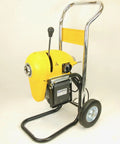 Workhorse 1.5 HP Sectional Pipe Drain Cleaner and Sewer Snake Machine, 120 Foot Cable bundle with 6 Piece cutter set for 2 to 8 Inch Pipes, 110V Beast Mode Drain Auger with Forward Reverse Control in yellow with wheels.