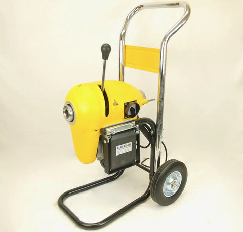 Workhorse 1.5 HP Sectional Pipe Drain Cleaner and Sewer Snake Machine, 120 Foot Cable bundle with 6 Piece cutter set for 2 to 8 Inch Pipes, 110V Beast Mode Drain Auger with Forward Reverse Control in yellow with wheels.