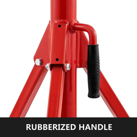 Beefy Heavy Duty Pipe Jack Stand With V Head And 2/4 Ball Transfer Folding Tripod Pipe Support Adjustable 20 To 55 Inches 12 Inch Pipeworking Clamp Tool Stand Rugged Steel Construction Safe Locking Easy Setup rubberized handle on red steel tripod stand