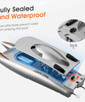 Detailed view of Dope High Speed RC Boat For Adults, showcasing fully sealed waterproof design and lock feature on black hull.