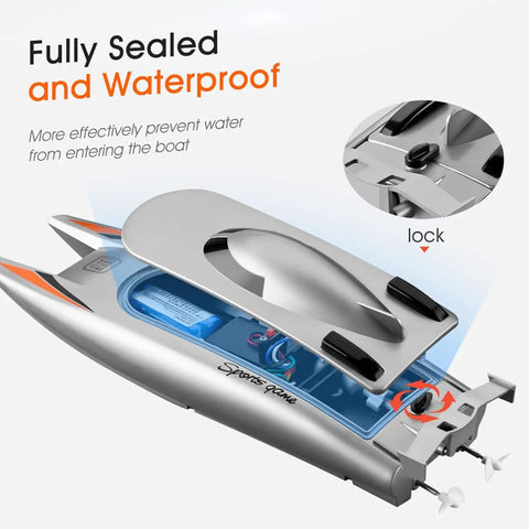 Detailed view of Dope High Speed RC Boat For Adults, showcasing fully sealed waterproof design and lock feature on black hull.