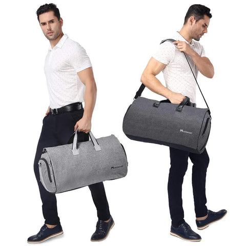 man holding convertible garment duffel bag for travel