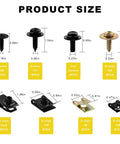 Rock Solid Car U Clip And Screw Assortment Kit With Heavy Duty Body Fasteners and Hella Tough Self Tapping Bolts size guide image showing dimensions of various screws and clips.