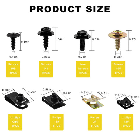 Rock Solid Car U Clip And Screw Assortment Kit With Heavy Duty Body Fasteners and Hella Tough Self Tapping Bolts size guide image showing dimensions of various screws and clips.