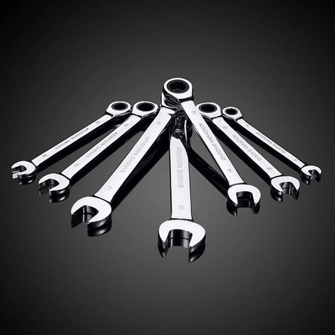 Eight Piece Ratchet Wrench Set With Universal Spanners For Auto Car Repair Compact Pro Grade Anti Rust Plating Easy Grip Handles