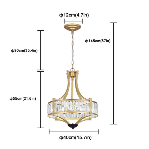 Three Ring Crystal Chandelier With LED Ceiling Light, 3 Color Changeable Flush Mount Pendant, Adjustable dimensions shown