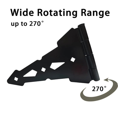 Heavy Duty Eight Inch Fence Gate Hinges With Matte Black Steel Finish for Outdoor Wood Fences and Sheds, showcasing wide rotating range up to 270°.