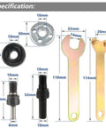 Drill To Angle Grinder Adapter Set with 6mm and 10mm arbors, spanner wrench, flange nuts, and mandrel adapter shown with measurements.
