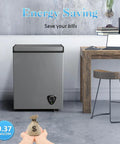 Compact 3.5 Cubic Feet Chest Freezer With Seven Adjustable Temperature Controls in a modern room, showing energy saving feature.