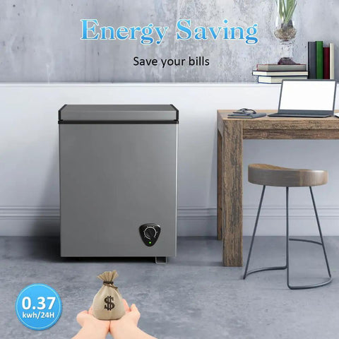 Compact 3.5 Cubic Feet Chest Freezer With Seven Adjustable Temperature Controls in a modern room, showing energy saving feature.