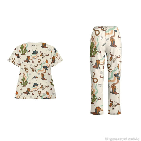 Women Western Cowboy Print Scrubs Set With Deep Multi Pocket Elastic Waist Healthcare Uniforms For Nurses And Dental Assistants Designed For Go Getter Days And Ride Or Die Comfort featuring a soft polyester blend top and cargo pants.
