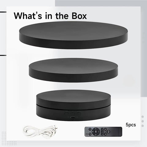 What's in the box: Huge 6.1 And 7.5 Inch Electric Rotating Display Stand With Remote Control, black turntable and remote.