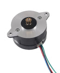 Front view of a 36mm round extruder stepper motor with silver mounting plate, brass gear on shaft, and multi‑color wires.