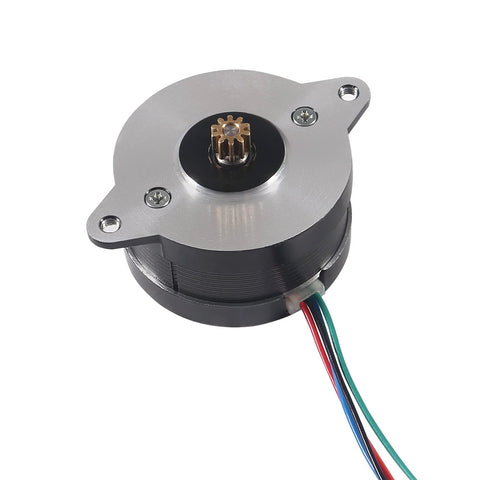 Front view of a 36mm round extruder stepper motor with silver mounting plate, brass gear on shaft, and multi‑color wires.