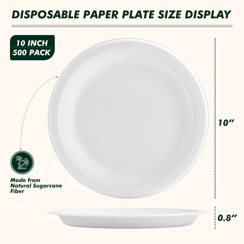 Heavy Duty 10 Inch Compostable Paper Plates 500 Count Round Biodegradable Sugarcane Fiber Dinnerware shown in size display
