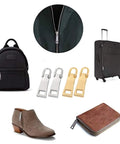 Gold Metal Zipper Pull Replacement For Luggage Suitcase Backpack Jacket Coat Boots, highlighting uses on travel gear.