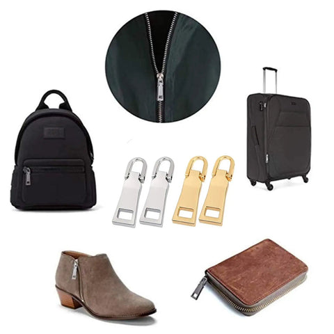 Gold Metal Zipper Pull Replacement For Luggage Suitcase Backpack Jacket Coat Boots, highlighting uses on travel gear.