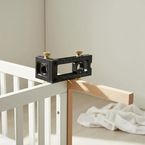 Premium Adjustable Hole Positioning Jig With Stainless Steel Sleeves For Accurate Doweling And Cabinet Assembly positioned on a wood joint.